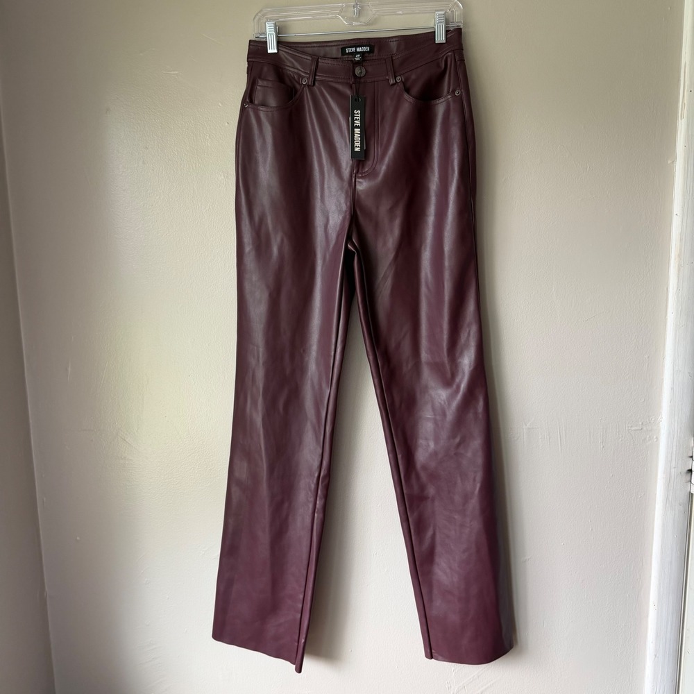 Steve Madden Loren Fig Faux Leather Pants Burgundy Straight Leg Women 28 NWT